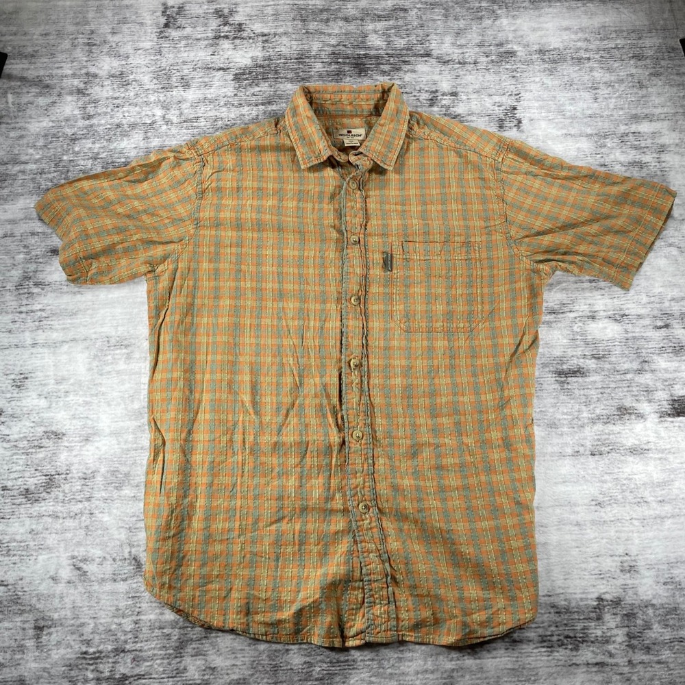 Woolrich Mens Large Orange Green Plaid Cotton Short Sleeve Button Down Shirt